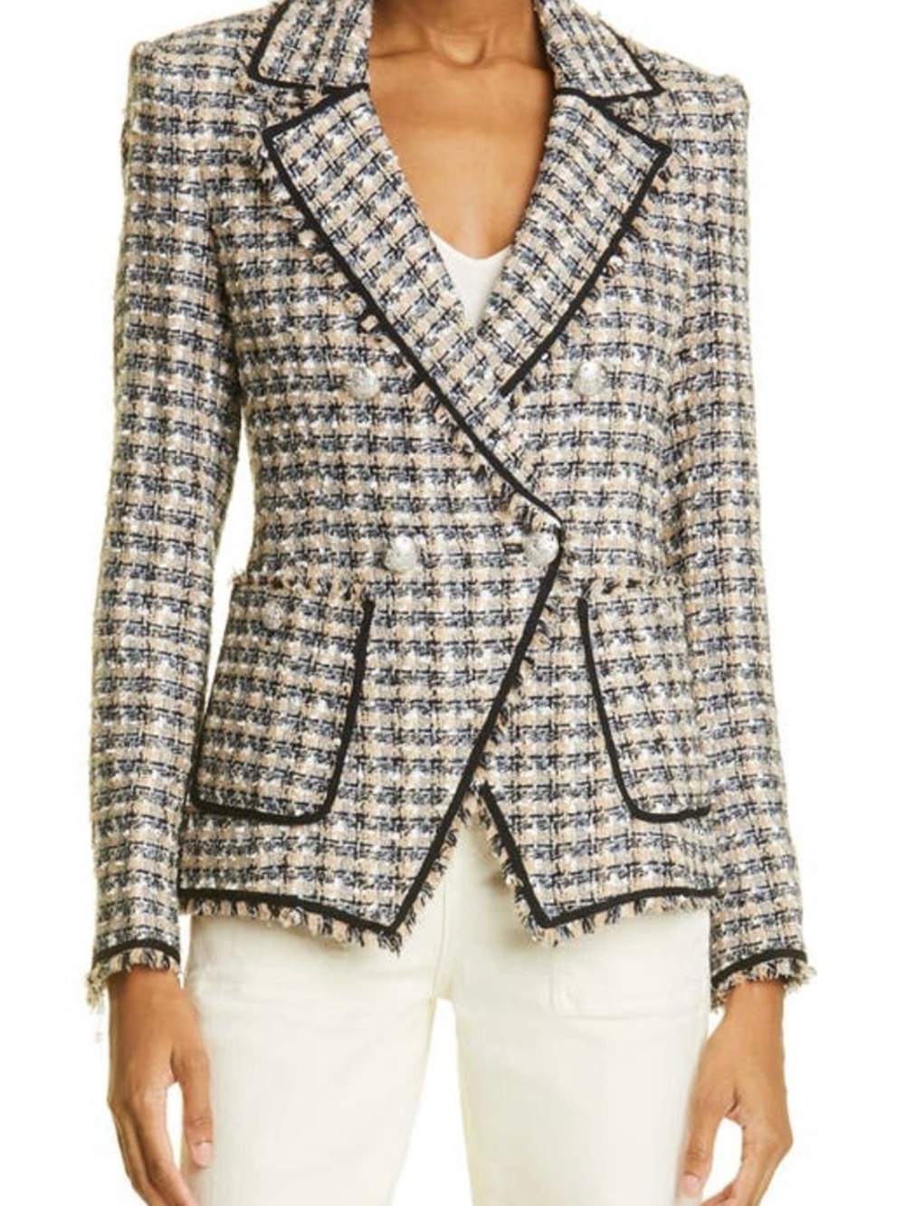 Veronica Beard “Theron” Cream and Navy Tweed Fringed Blazer
